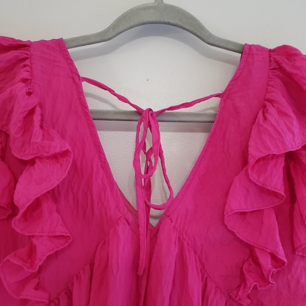 Entro Ruffle Sleeve Babydoll Blouse Top Women Small Fuchsia Pink Vibrant Boho - Picture 8 of 9